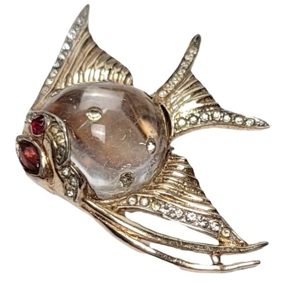 Coro Vintage 1940s Sterling Gold Vermeil Jelly Belly Angel Fish Fur Clip Brooch